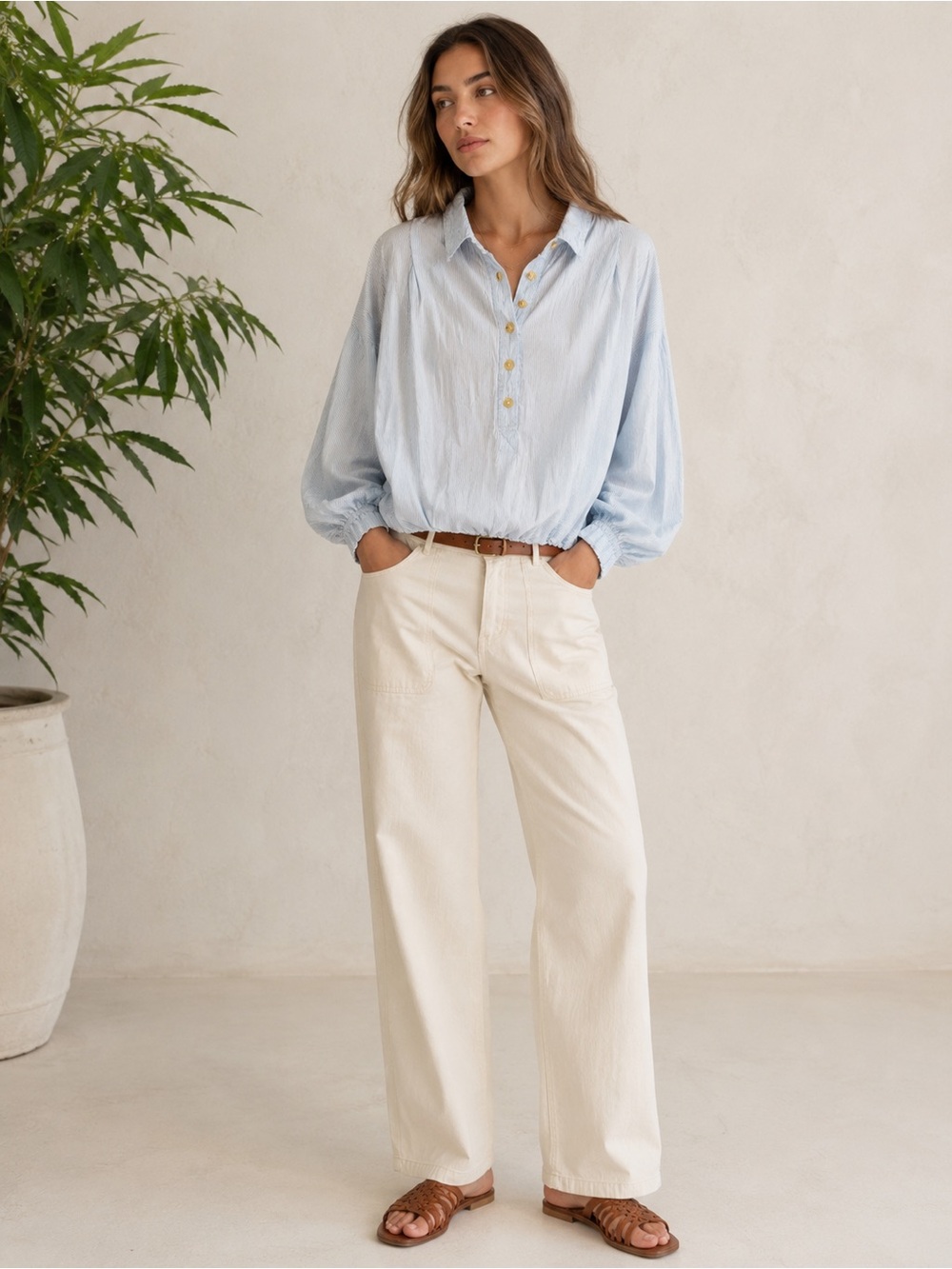 We The Free Free People Bubble Top Large Blue Stripe Boho Coastal Chic